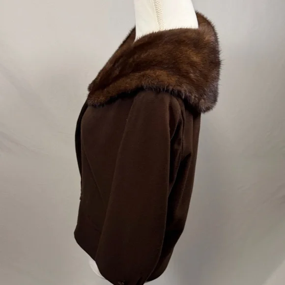 Handmade Mink Vintage Elegant Brown Fur-Trimmed Women's Overcoat Size Small
